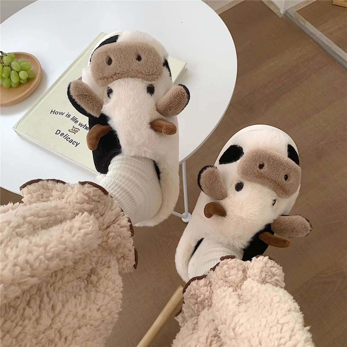Cow-Print Furry Winter Slippers